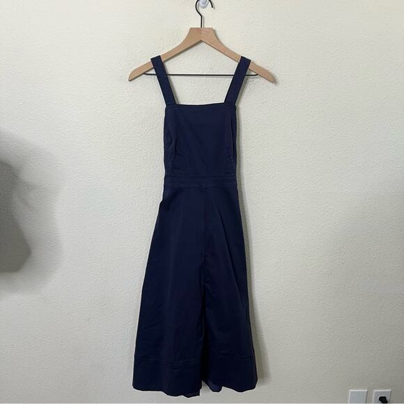 NWT Anthropologie Maeve Navy A-Line Flared Open Back Overall Midi Denim Dress 2P - Picture 3 of 11